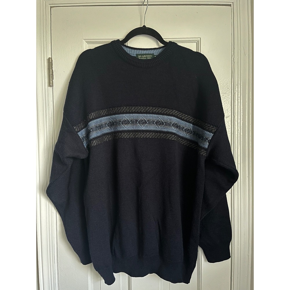 Blarney Woollen Mills Mens XXL Navy Blue Wool Blend Fair Isle Crewneck Sweater